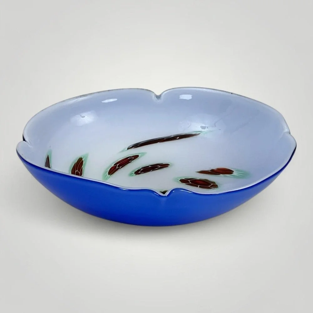 Handblown Art Glass Bowl Cobalt Blue White Interior Murrine 8.5 in Scalloped Rim